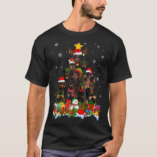 T-shirt Doberman Chien Noël Arbre Lumières Noël Chapeau de (Devant)