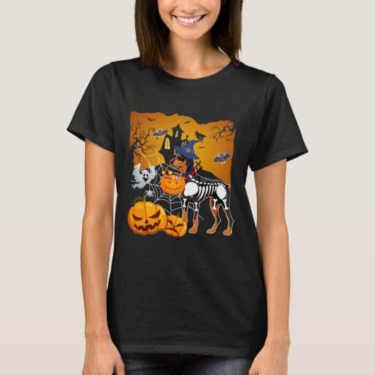T-shirt Doberman Pinscher Skeleton Halloween Citrouille he (Devant)
