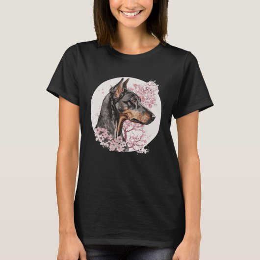 T-shirt Dobermann Cherry Blossom Dog Breed Japanese Waterc (Devant)