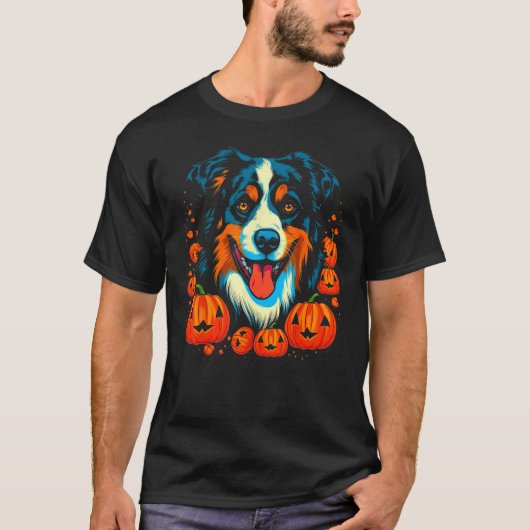 T-shirt Dog Australian Shepherd Cute Halloween Pumpkin (Devant)