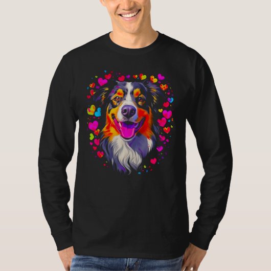 T-shirt Dog Australian Shepherd Pink Red Hearts (Devant)