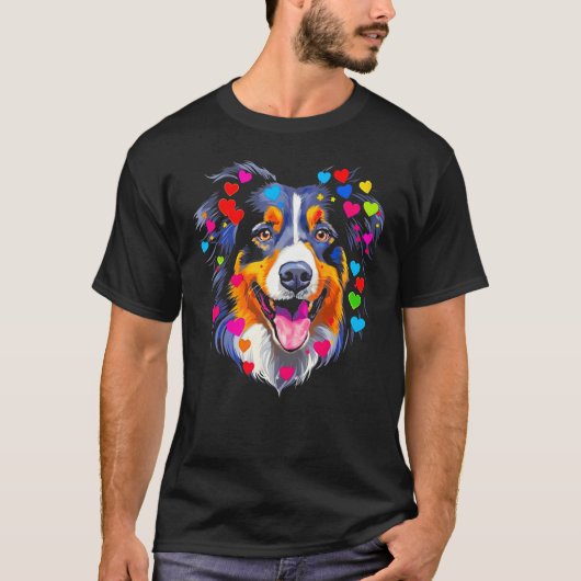 T-shirt Dog Australian Shepherd Red Blue Pink Heart (Devant)
