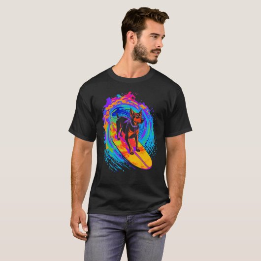 T-shirt Dog Doberman Pinscher Surfing (Devant entier)