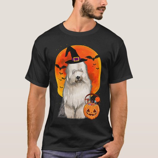 T-shirt Dog Halloween Old English Sheepdog Jack O Lantern (Devant)