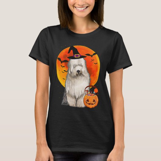 T-shirt Dog Halloween Old English Sheepdog Jack O Lantern (Devant)