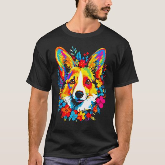 T-shirt Dog Welsh Corgi Flowers Peace (Devant)