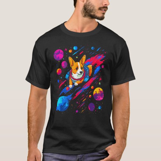 T-shirt Dog Welsh Corgi Space Planet Universe (Devant)
