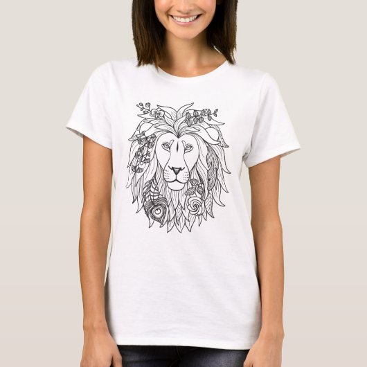 T-shirt Doodle Lion Et Fleurs (Devant)
