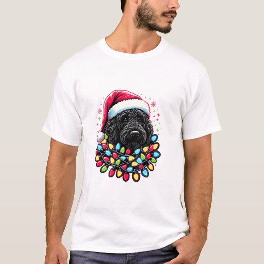 T-shirt Doodle noir Labradoodle Noël Arbre de Noël Lumière (Devant)