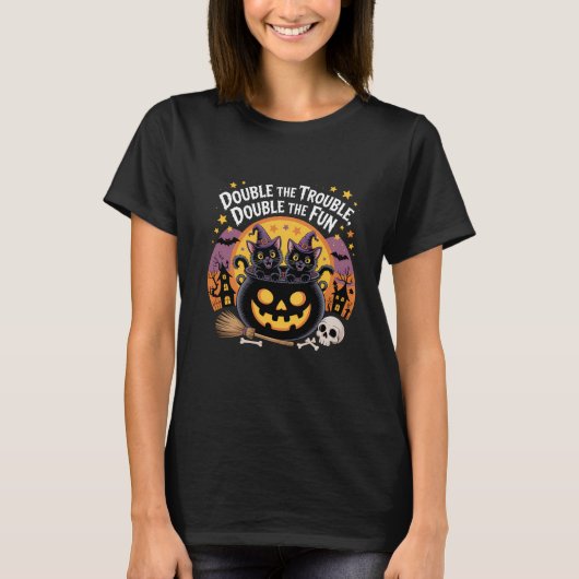 T-shirt Double Trouble Cute Black Cats Halloween Cauldron (Devant)