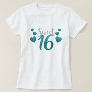 T-shirt Douce Anniversaire 16 Ans Bleu Sarcelle Faux Paill