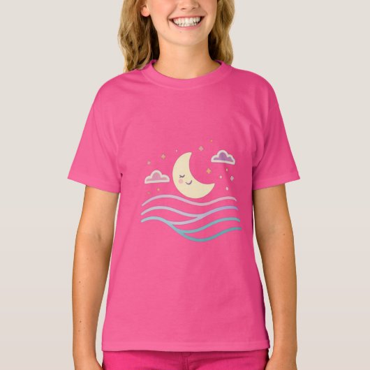 T-shirt Douce Lune Souriant & Étoiles – Conception de Nuit (Devant)