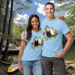 T-shirt Douce Paire de Furets Floraux Bleus Fantaisistes 