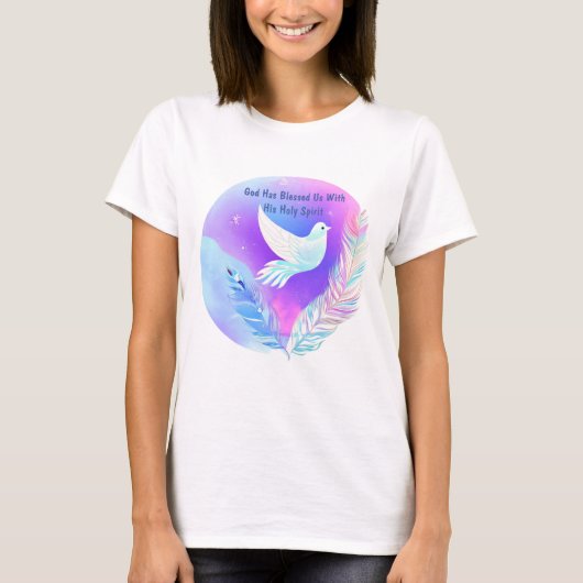 T-shirt Dove blanche avec plumes roses et bleues (Devant)