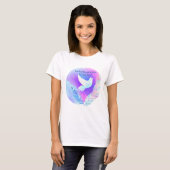 T-shirt Dove blanche avec plumes roses et bleues (Devant entier)