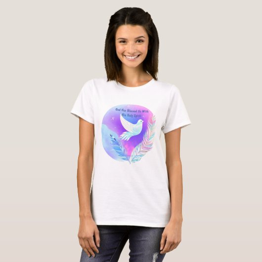 T-shirt Dove blanche avec plumes roses et bleues (Devant entier)