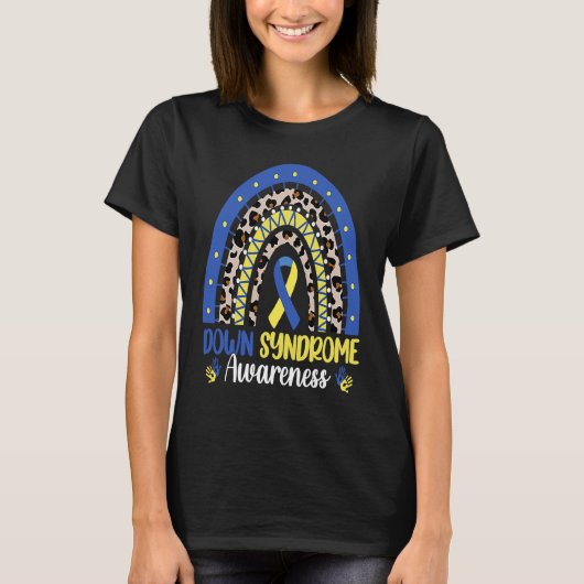 T-shirt Down Syndrome Awareness Rainbow Blue Yellow Ribbon (Devant)