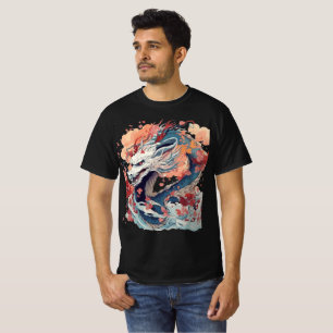 T-shirt Dragon bleu avec fleurs et nuages