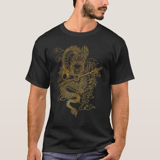 T-shirt Dragon chinois d'or avec Arrière - plan noir (Devant)