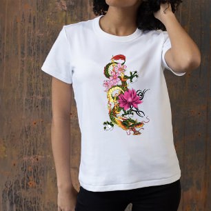 T-shirt Dragon Chinois Vert Gras Tatouage Lotus Sarcelle