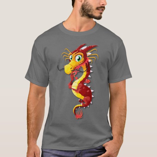 T-shirt Dragon de dessin animé chinois rouge et or (Devant)