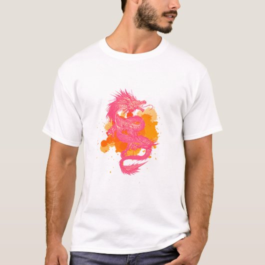 T-shirt dragon japonais or et rose (Devant)