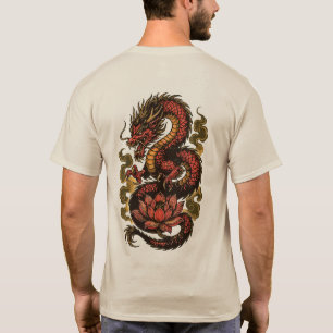 T-shirt : Dragon rouge avec fumée dorée et lotus