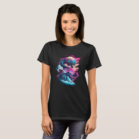 T-shirt Dragon Vaporwave Paysage Abstrait Lune Arbre Arbre (Devant entier)