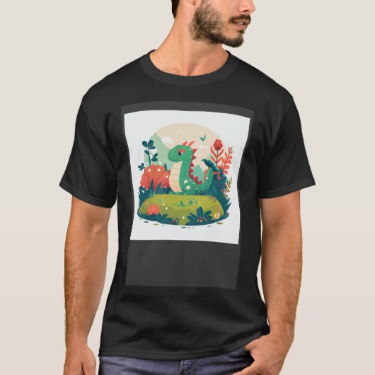 T-shirt Dragon vert mignon dans une forêt de jardin (Devant)