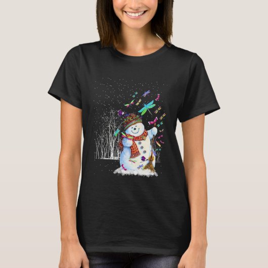 T-shirt Dragonflies Snowman Scarf Christmas Tree Forest Wi (Devant)