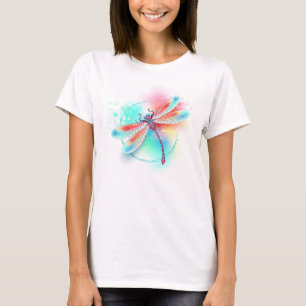 T-shirt Dragonfly rouge sur l'arrière - plan aquarelle
