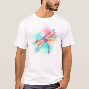 T-shirt Dragonfly rouge sur l'arrière - plan aquarelle