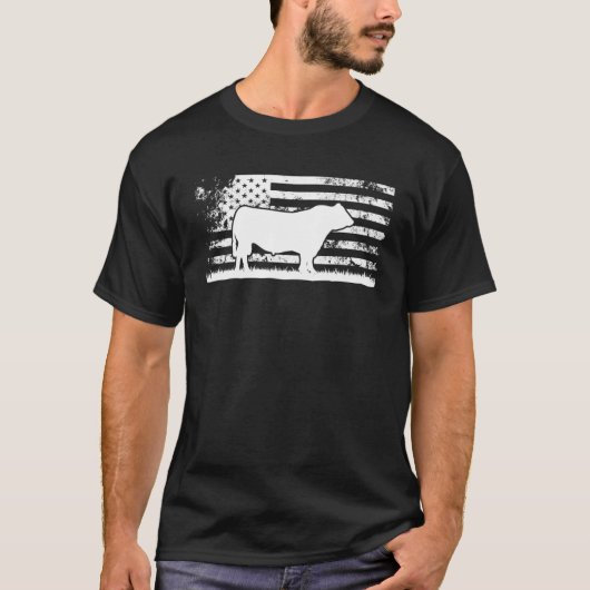 T-shirt Drapeau américain - Amérique Vache Noir Angus Ranc (Devant)
