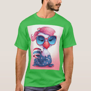 T-shirt Drapeau américain avec Flamant rose Cartoon-14484