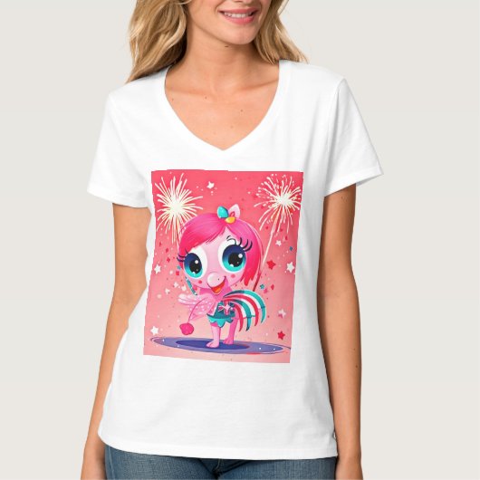 T-shirt Drapeau américain avec Flamant rose Cartoon-69217 (Devant)