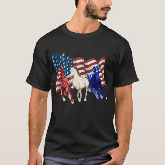 T-shirt Drapeau américain Chevaux Patriotique Rouge Bleu B