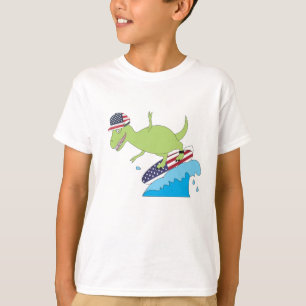 T-shirt Drapeau américain Dinosaur Surfing