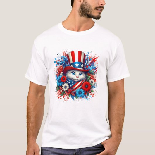 T-shirt Drapeau Américain Fleur Chat (Devant)