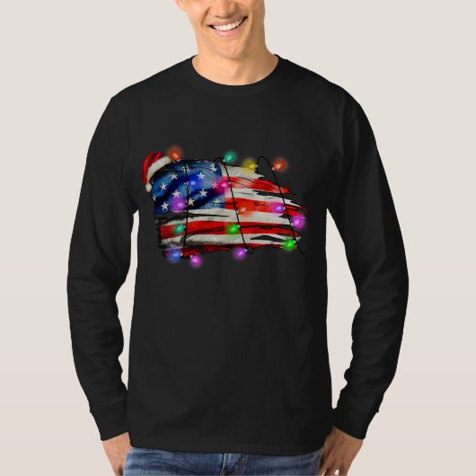 T-shirt Drapeau américain Joyeux Noël Lumières Noël Père N (Devant)