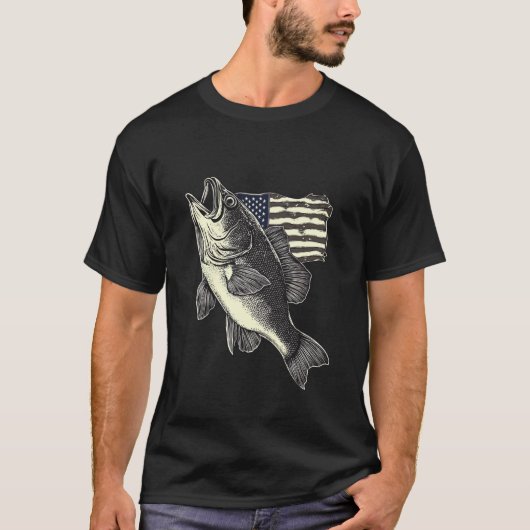 T-shirt Drapeau américain Poisson Monochrome Pêche rustiqu (Devant)