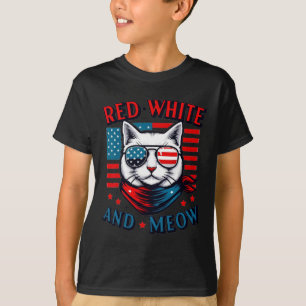 T-shirt Drapeau Américain Rouge Blanc Et Meow Chat 4 juill