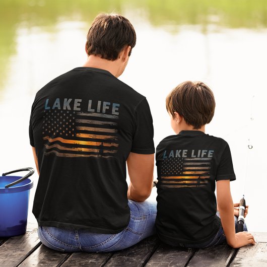 T-shirt Drapeau américain Sunset, pêcheur de Lake Life