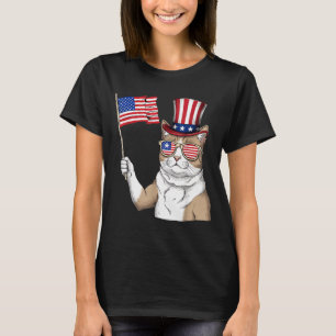 T-shirt Drapeau Américain USA Rouge Blanc Bleu Chat Patrio
