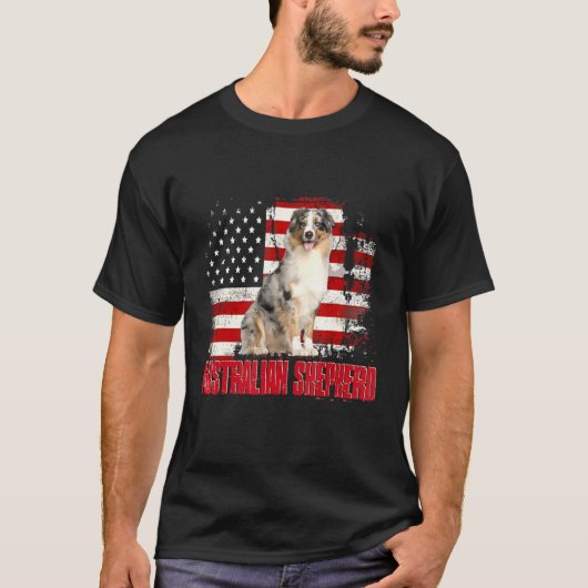 T-shirt Drapeau américain vintage Chien berger australien (Devant)