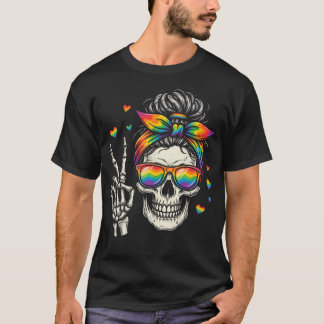 T-shirt Drapeau Arc-en-ciel Crâne Bun Messy Fierté Gay LGB