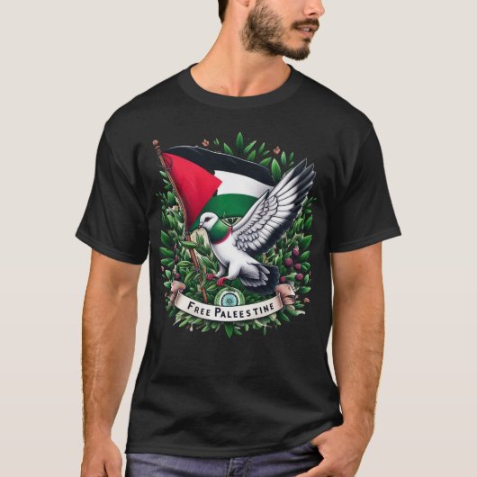 T-shirt Drapeau de Palestine libre, pigeon tenant une feui (Devant)