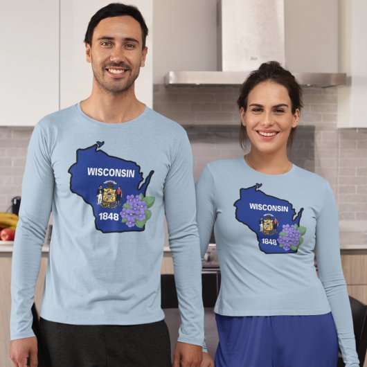 T-shirt Drapeau d'état du Wisconsin et fleur bleu commun V