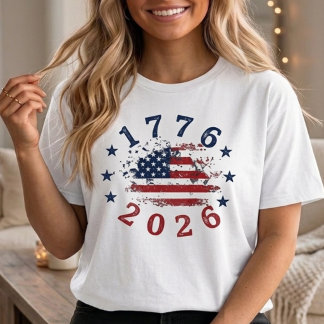 T-shirt Drapeau Distressé en Cercle d'Étoiles 1776 2026 po