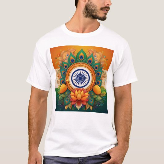 T-shirt Drapeau indien avec plumes de Lotus et de Peacock (Devant)