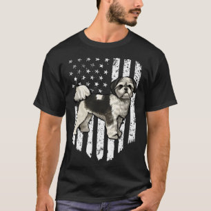 T-shirt Drapeau noir blanc américain Shih Tzu 4 juillet US